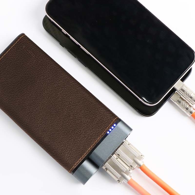 10000mAh Power Bank Finition en cuir en coque métallique 2 ports USB-A 1 ports type-C